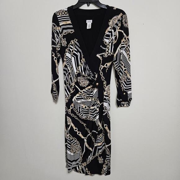 Cache Faux Wrap Dress Size M Chain Pearl Print Black Deep V Stretch 3/4 Sleeve - Picture 1 of 10